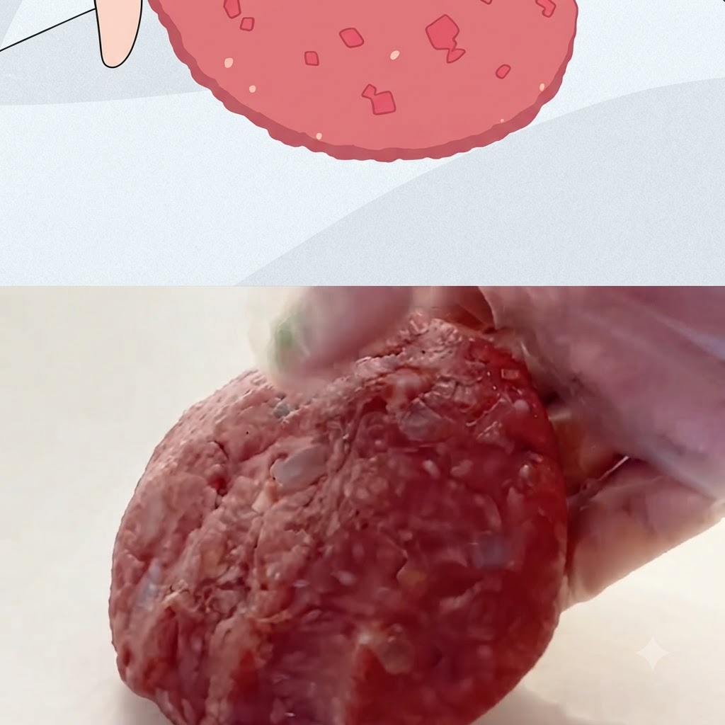 Una mano con guante sosteniendo una hamburguesa de carne cruda grande, gruesa y redonda con forma para cocinar.