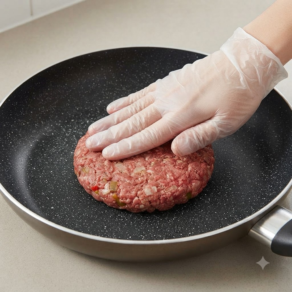 Una mano con guante colocando una hamburguesa de carne cruda y gruesa en una sartén antiadherente oscura.