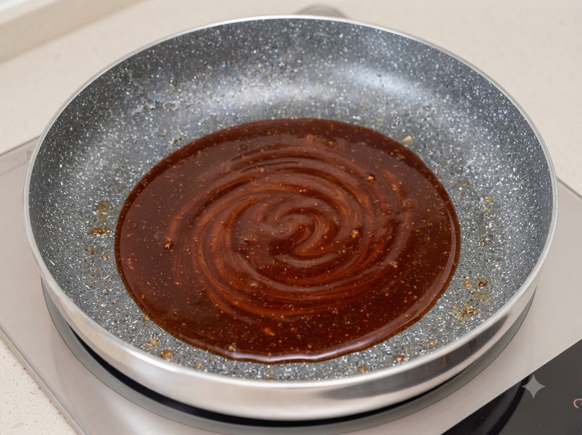 Una mezcla de salsa oscura de salsa tonkatsu, ketchup y agua hirviendo a fuego lento y girando en una sartén.