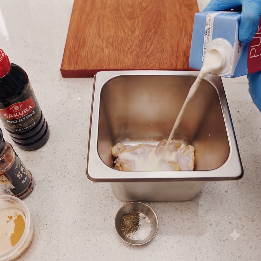 Leche, pimienta negra y sal siendo vertidas sobre muslos de pollo dentro de un recipiente de acero inoxidable.