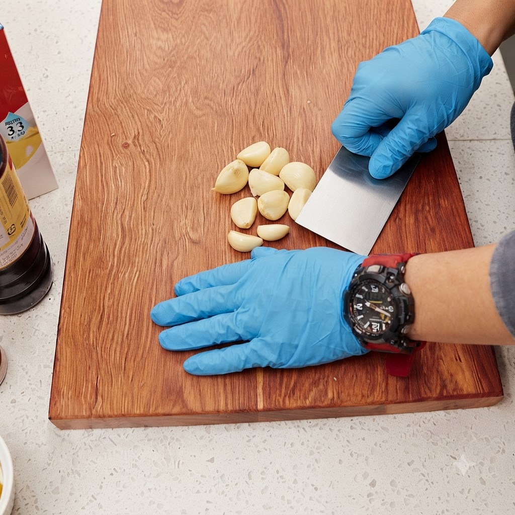 Manos con guantes usando un raspador para picar dientes de ajo pelados en una tabla de cortar de madera.