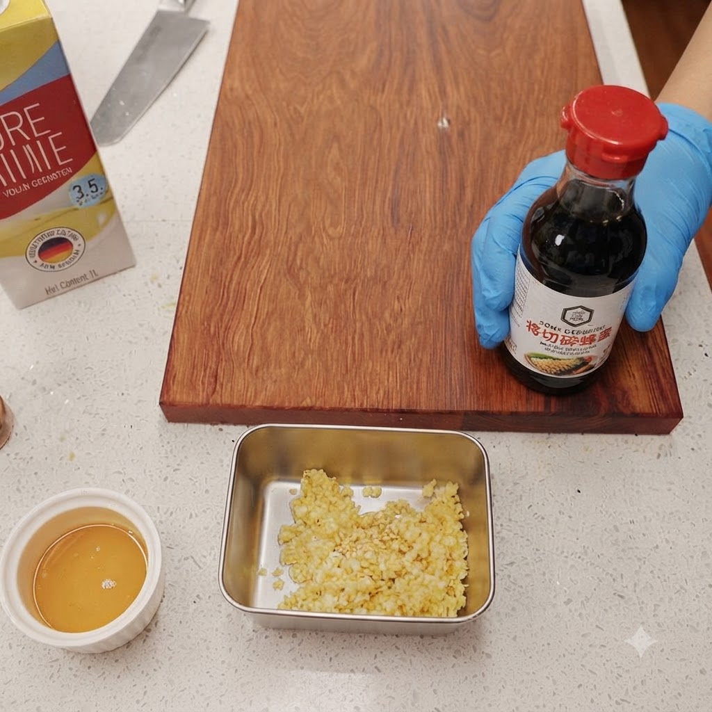 Una botella de salsa de soja junto a un recipiente metálico lleno de ajo picado y un tazón pequeño con miel.