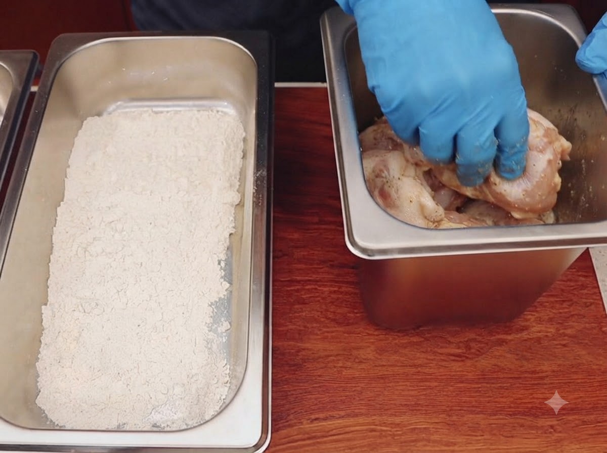 Una mano con guante rebozando piezas de pollo marinadas en una bandeja llena de harina seca.