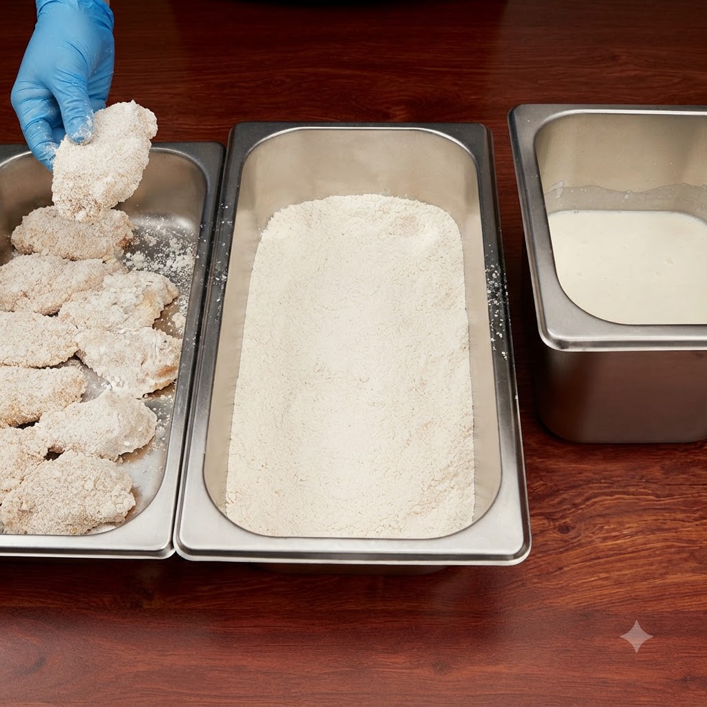 Piezas de pollo con doble rebozado organizándose cerca de una bandeja de harina y un recipiente con leche.