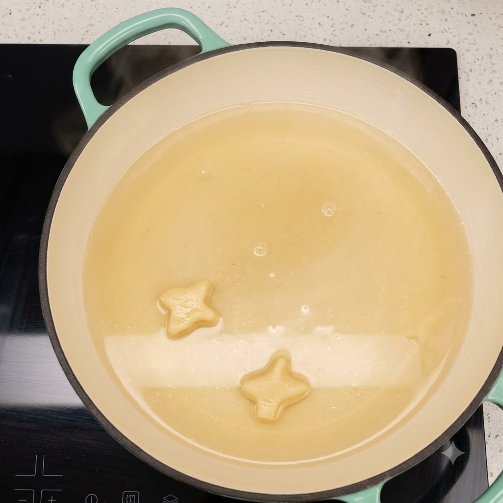 Aceite de cocina calentándose en una sartén ancha y poco profunda sobre una estufa con decoraciones en forma de estrella.