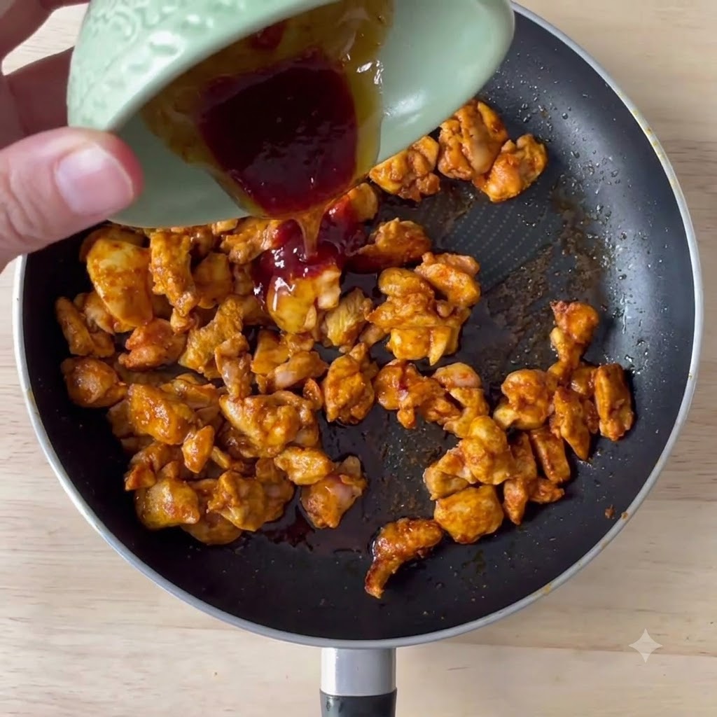 Salsa de soja ligera, salsa picante y miel vertiéndose desde un pequeño bol verde en una sartén con pollo salteado.