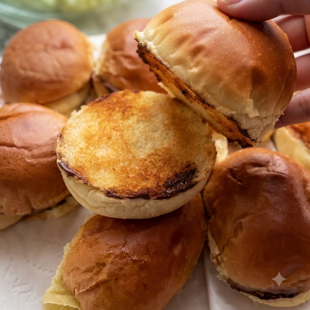 Mitades de panecillos sostenidas sobre una pila de panes tostados con superficies crujientes y doradas.