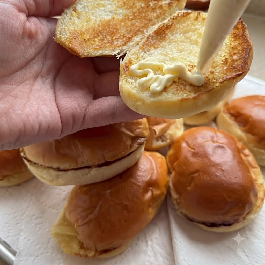 Mayonesa aplicada en un patrón en zigzag sobre el interior tostado de un panecillo.