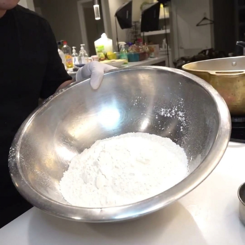 Sal sazonada siendo vertida en un tazón grande lleno de harina blanca sobre una encimera de cocina.