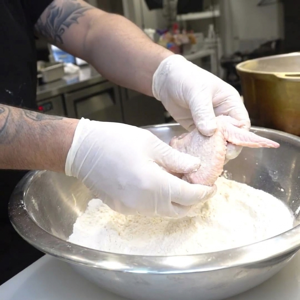 Un par de manos con guantes sosteniendo una alita de pollo mientras la rebozan en un tazón con harina.