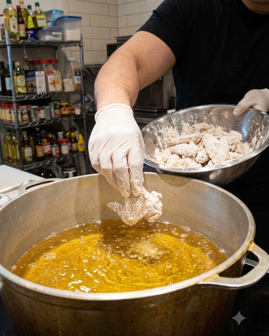 Una alita de pollo enharinada siendo sumergida con cuidado en una olla grande con aceite caliente burbujeante.