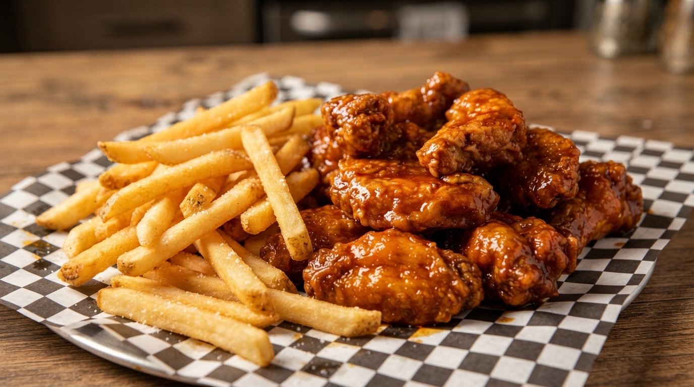 Un plato de alitas de pollo crujientes con miel y BBQ bañadas en una salsa brillante, servidas junto a papas fritas.