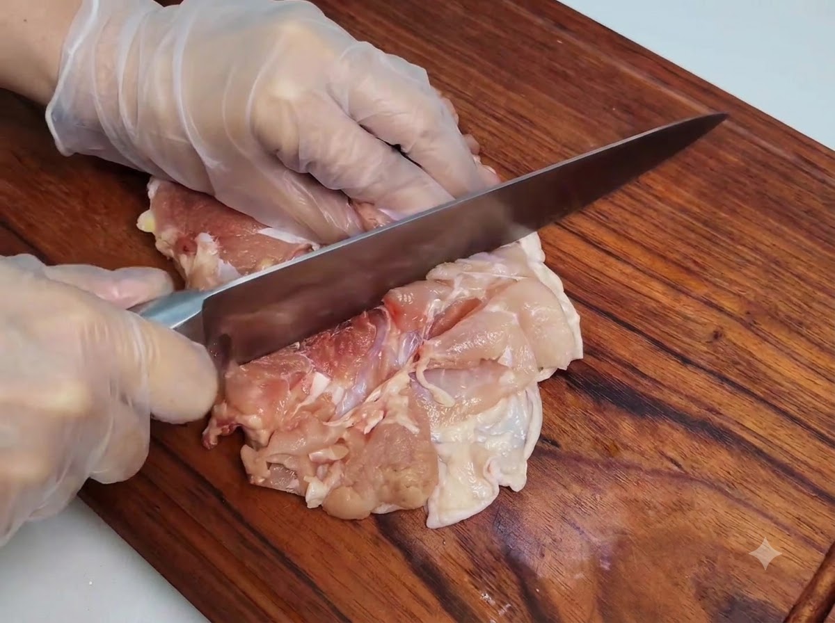 Una mano con guante usando un afilado cuchillo para cortar la carne de un muslo de pollo desuesado sobre una tabla de cortar de madera.