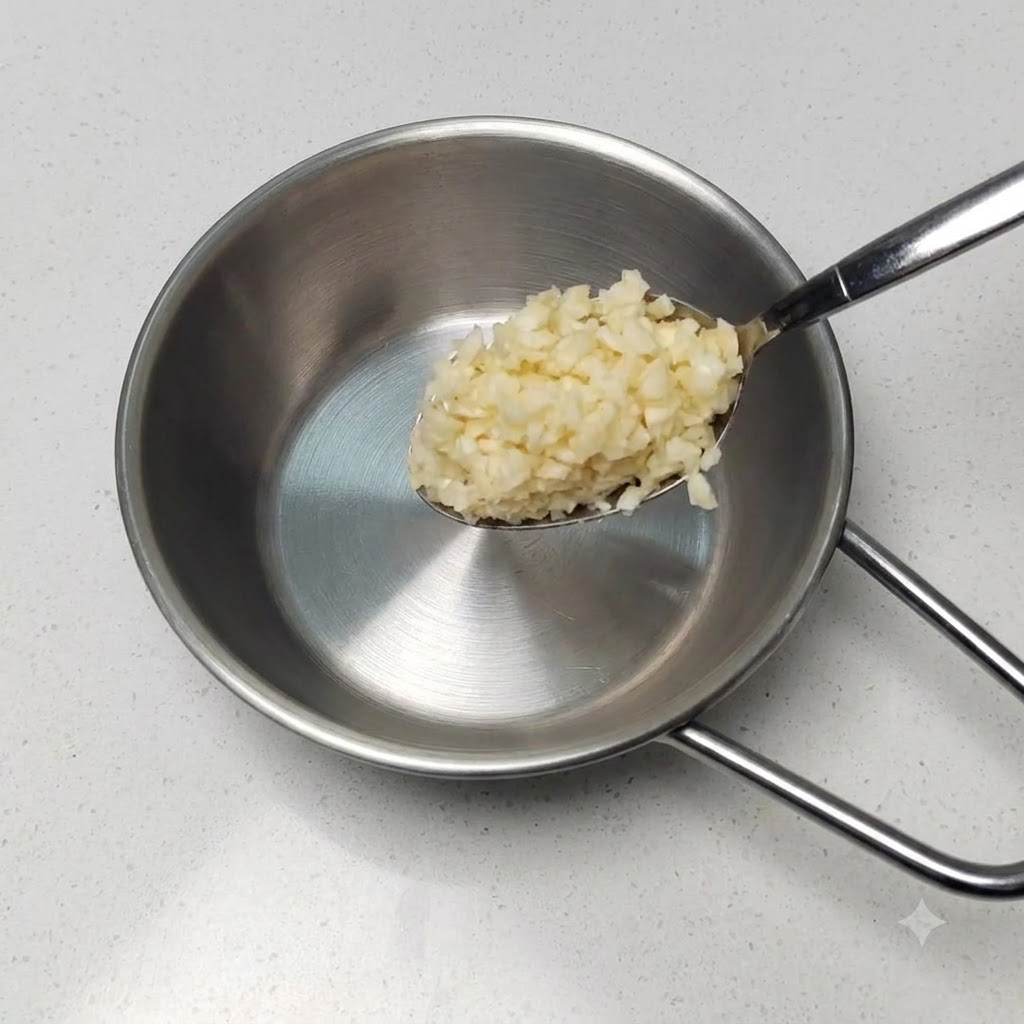 Una cuchara de metal que sostiene un montón de ajo recién picado sobre una pequeña olla de acero inoxidable vacía.