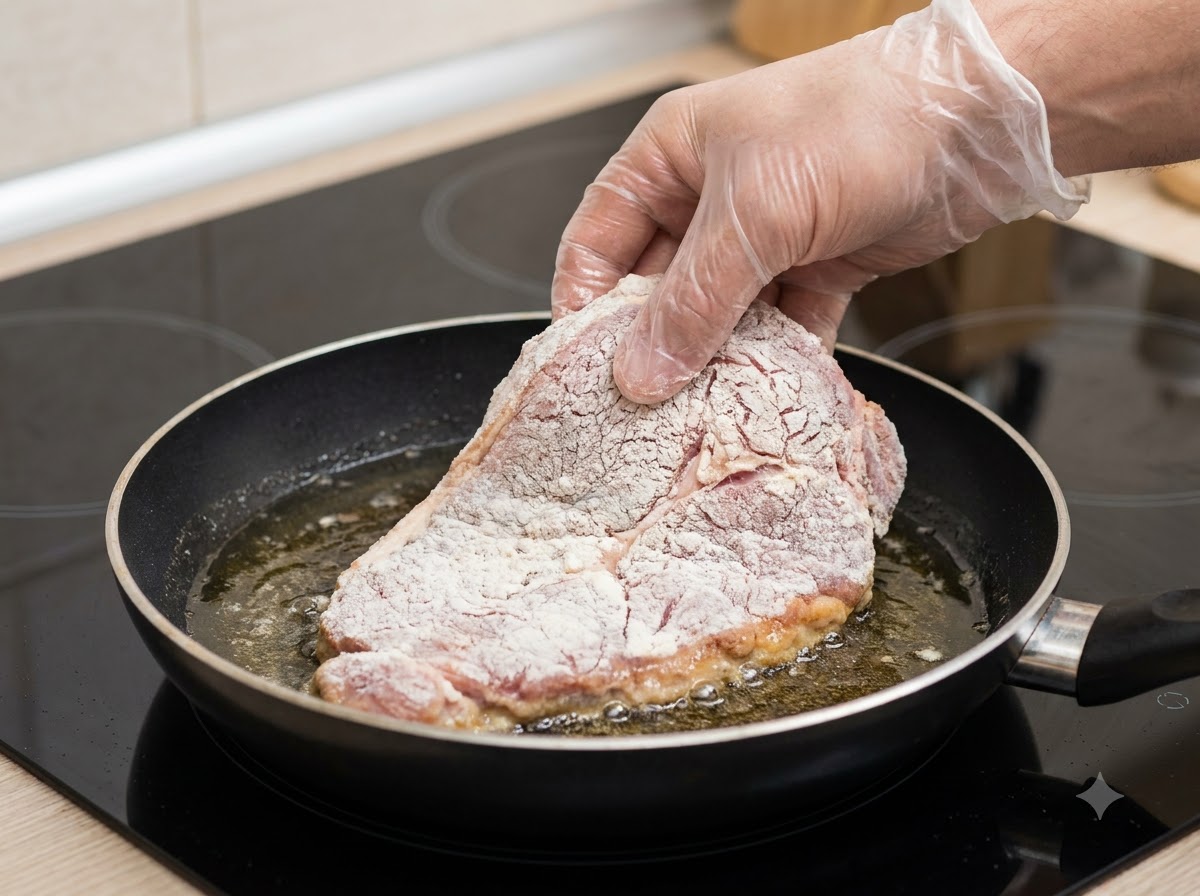 Una mano usando pinzas para colocar un trozo de pollo cubierto de fécula en una sartén llena de aceite caliente.