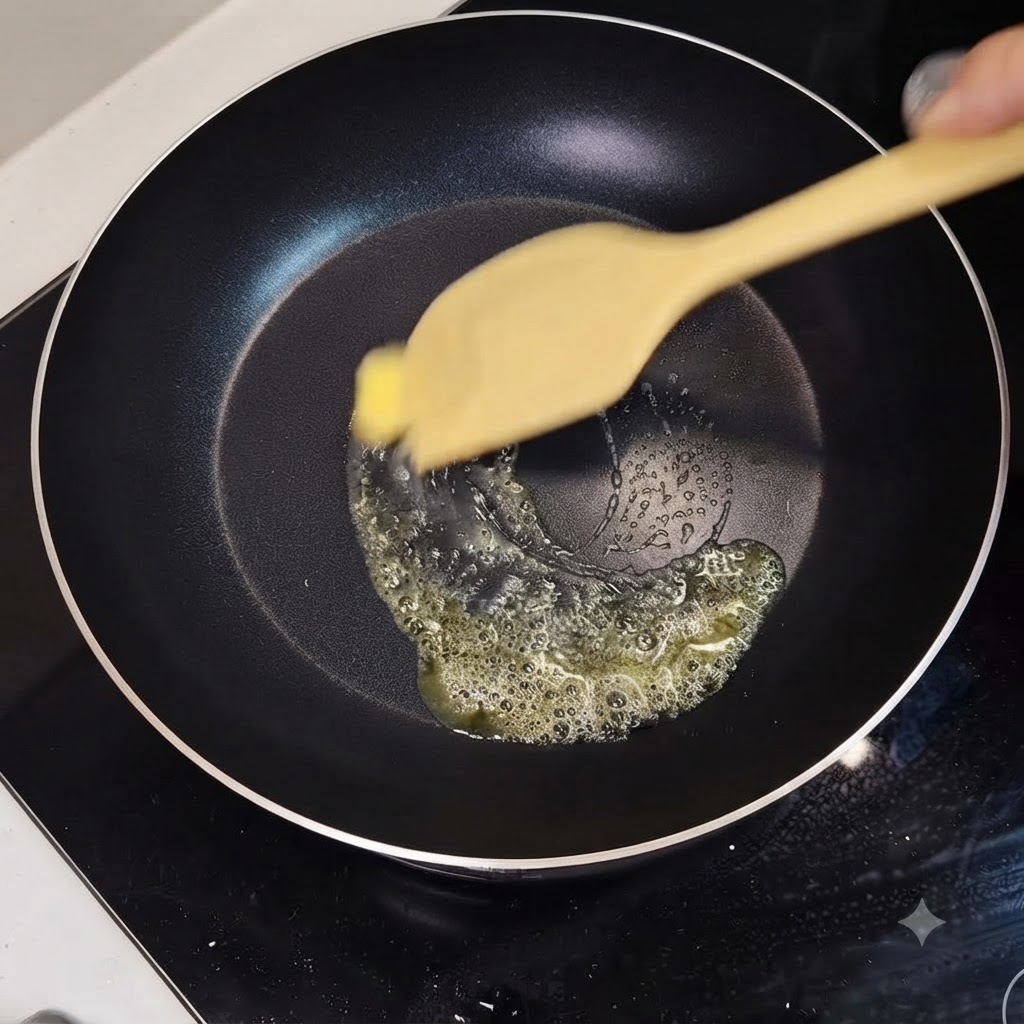 Una espátula de madera removiendo mantequilla derretida y aceite en una sartén para preparar la salsa.