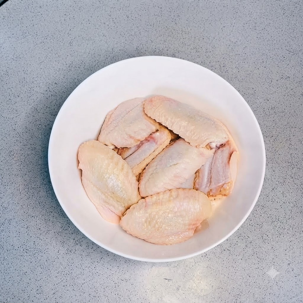 Alitas de pollo frescas dispuestas ordenadamente dentro de un bol de cerámica blanca.