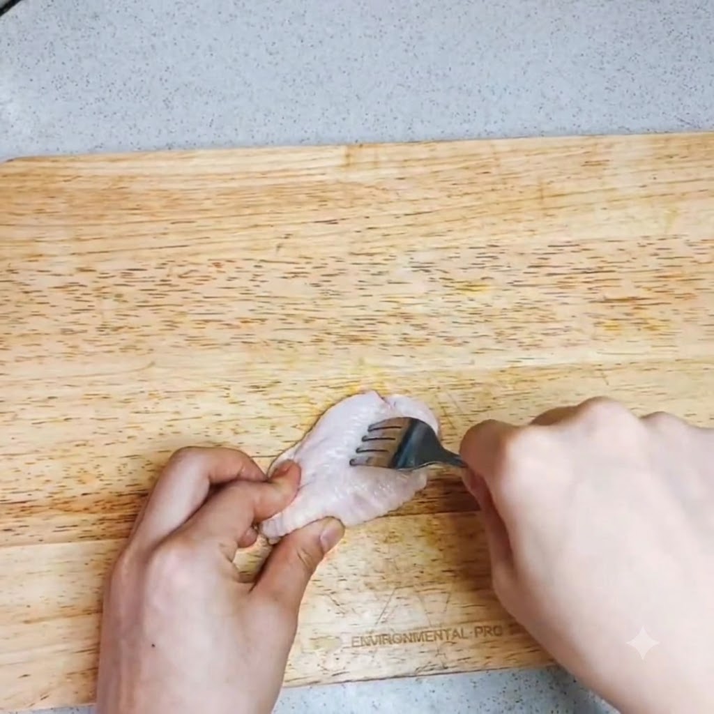 Una cucharada de sal espolvoreada sobre alitas de pollo crudas en un bol blanco.