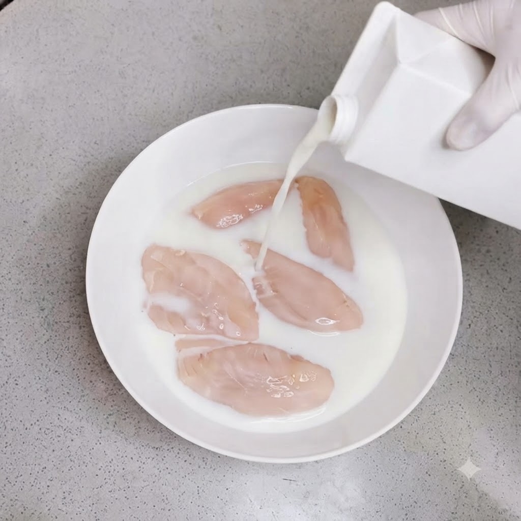 Leche vertida desde un cartón en un bol lleno de alitas de pollo.