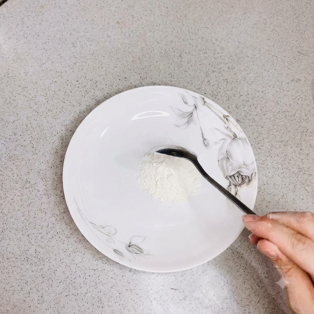 Harina servida en un plato decorativo blanco con una cuchara.