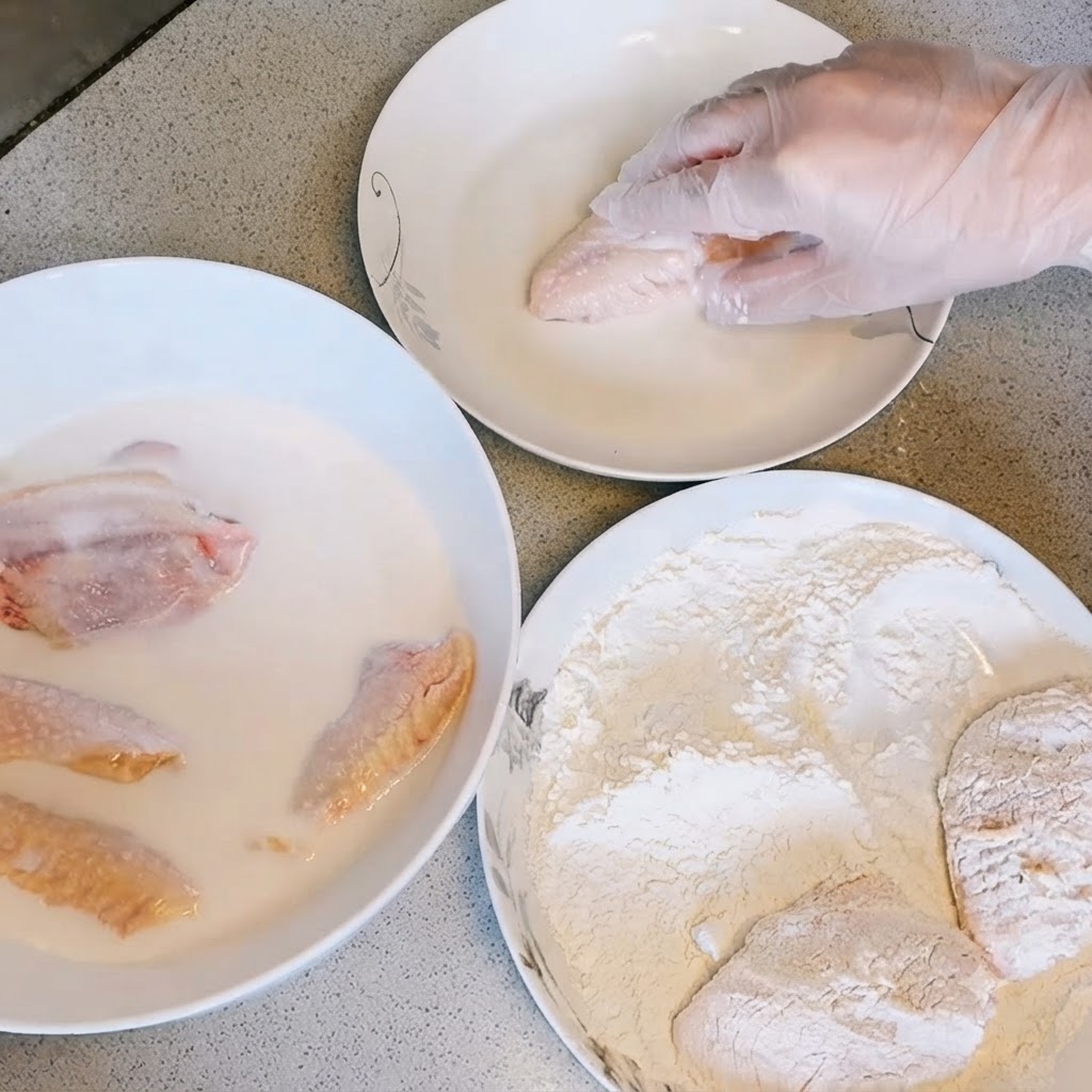 Una mano con guante rebozando una alita en polvo seco junto a boles de masa y leche.