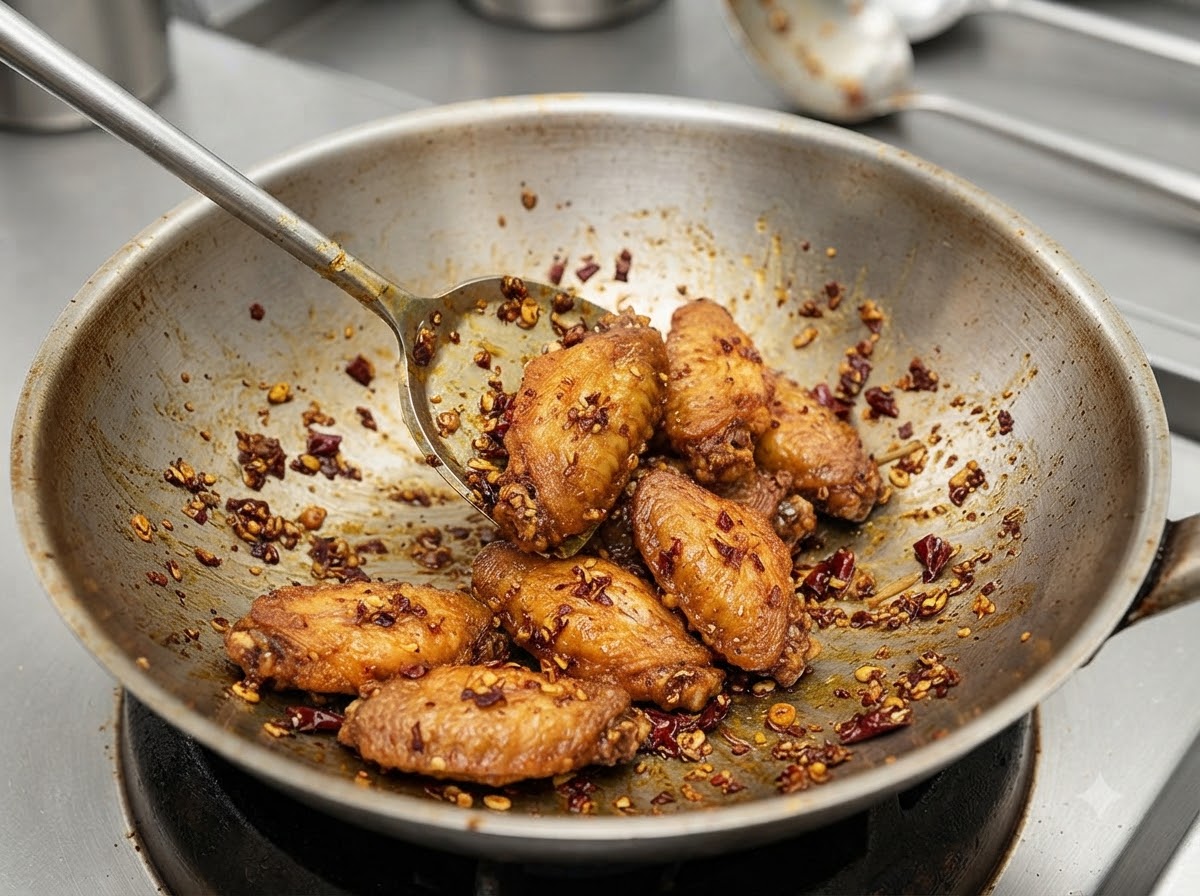 Alitas de pollo siendo salteadas y cubiertas con un glaseado oscuro dentro del wok.