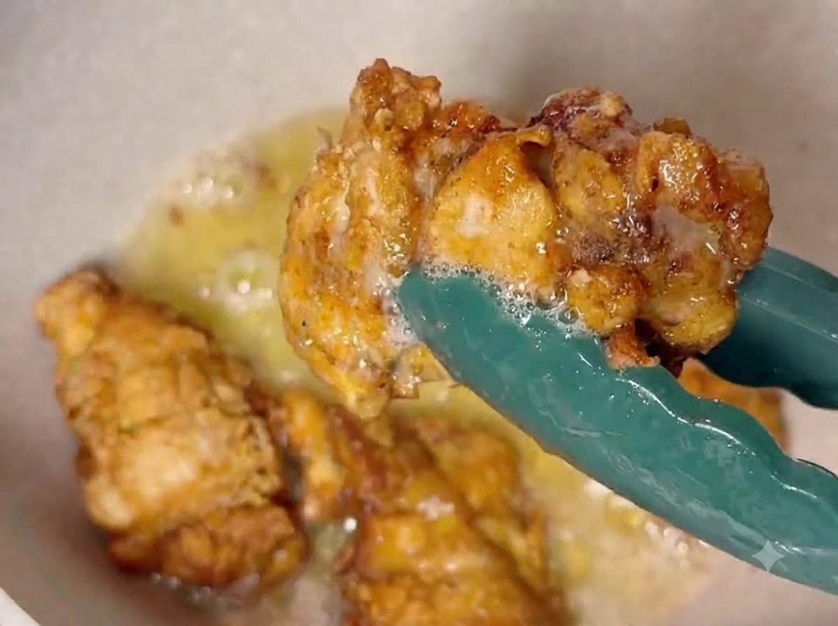 Muslos de pollo frito siendo volteados con pinzas en una sartén con aceite caliente hasta que estén dorados.