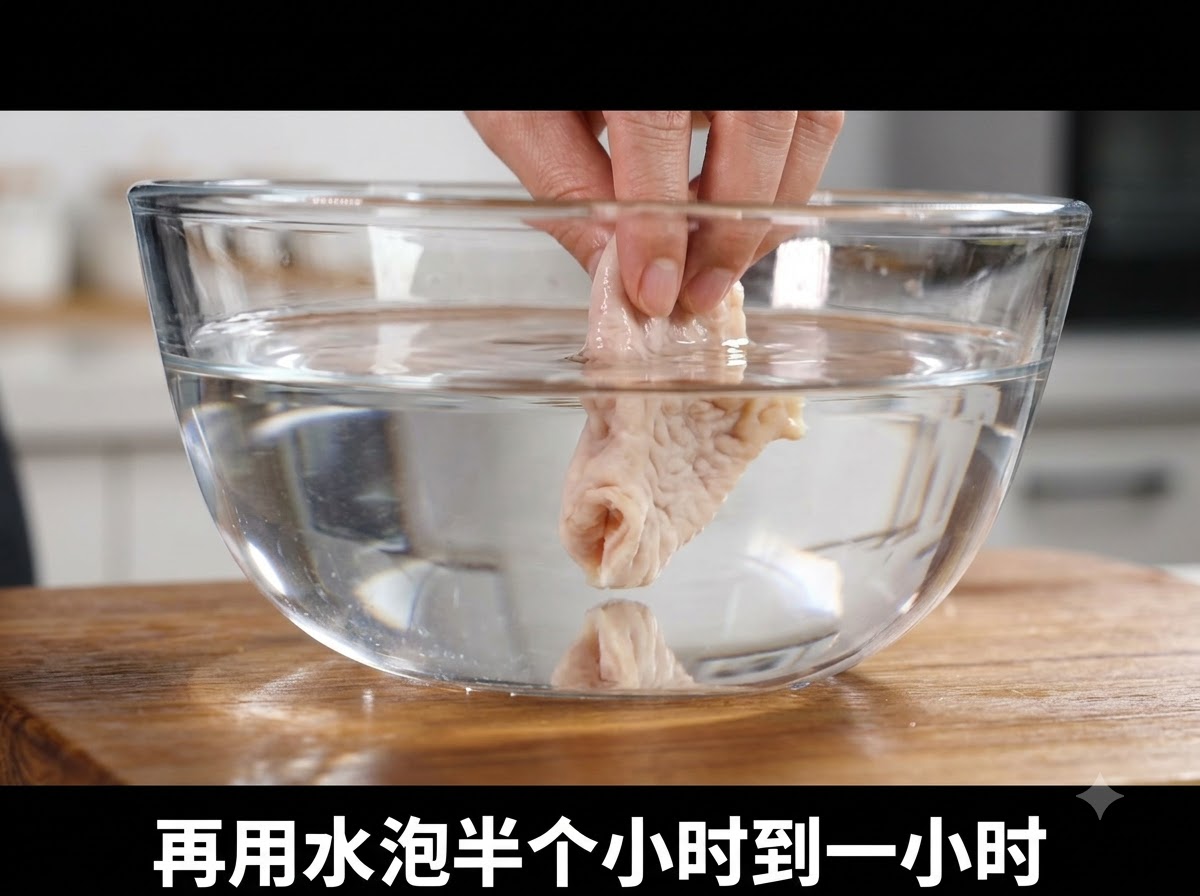 Piezas de pollo sin hueso remojándose en un tazón de vidrio con agua sobre una superficie de madera.