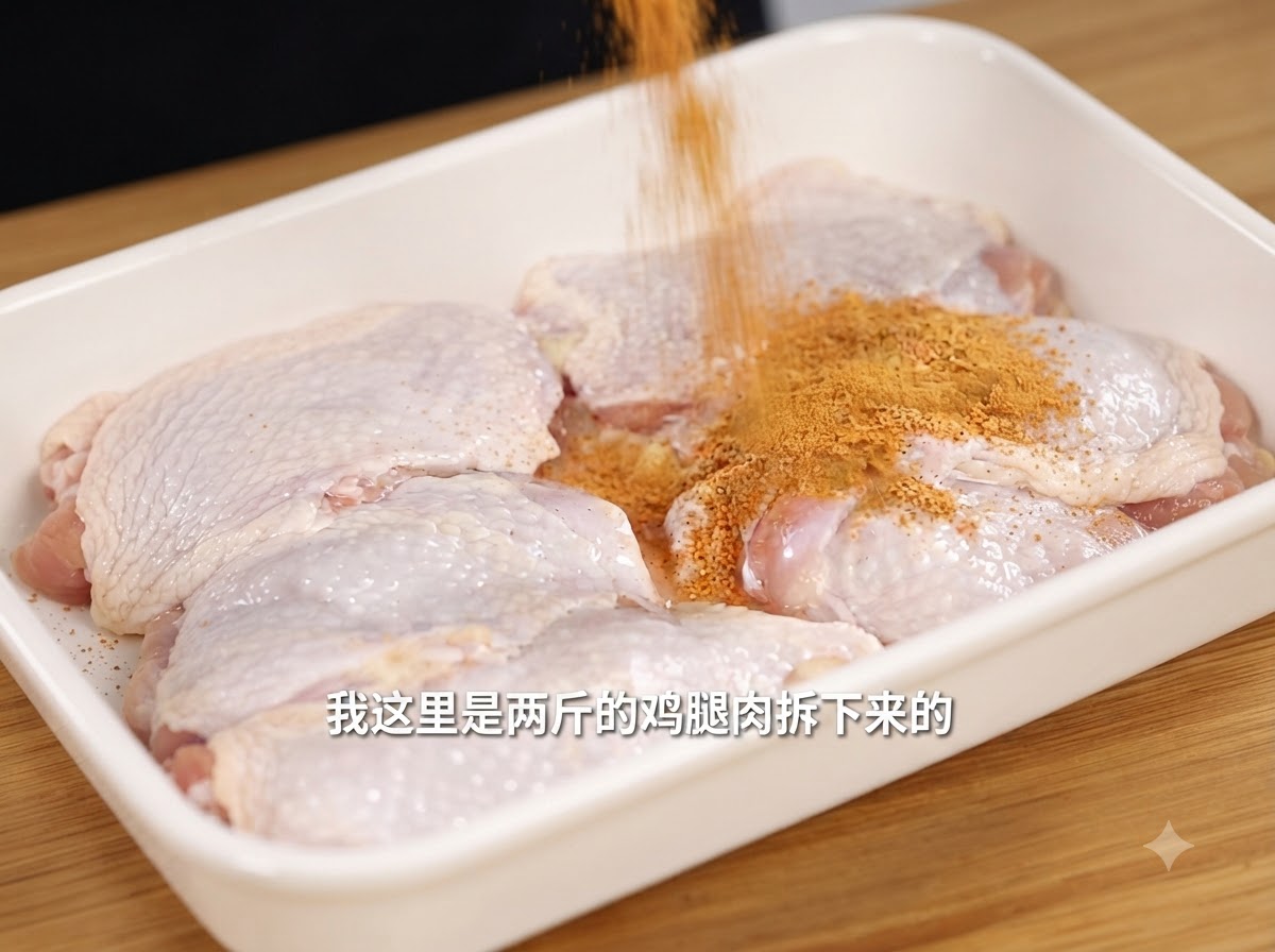 Condimento en polvo picante siendo espolvoreado sobre piezas de pollo crudas sin hueso dispuestas en una bandeja blanca.