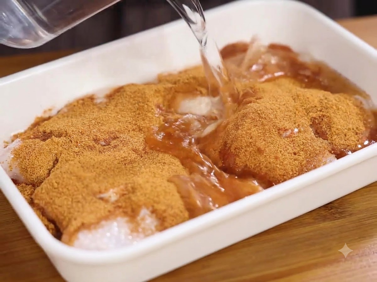 Agua siendo vertida desde un recipiente en una bandeja blanca que contiene carne de pollo sazonada.