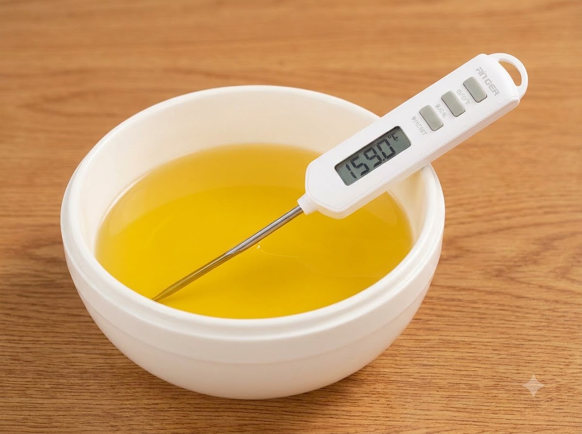 Un termómetro digital midiendo la temperatura del aceite de cocina amarillo dentro de un tazón o recipiente blanco.