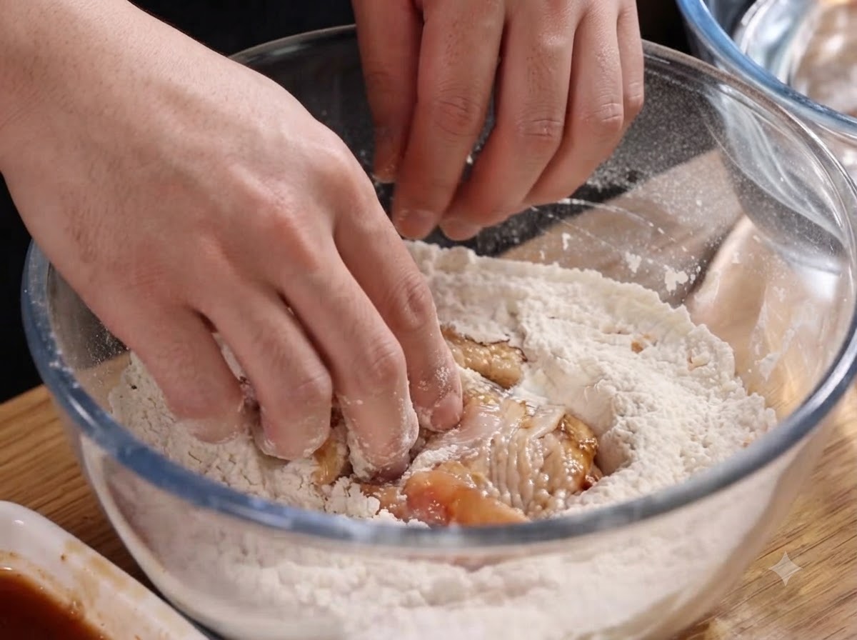 Piezas de pollo marinadas siendo cubiertas minuciosamente con harina seca para freír dentro de un tazón de vidrio.