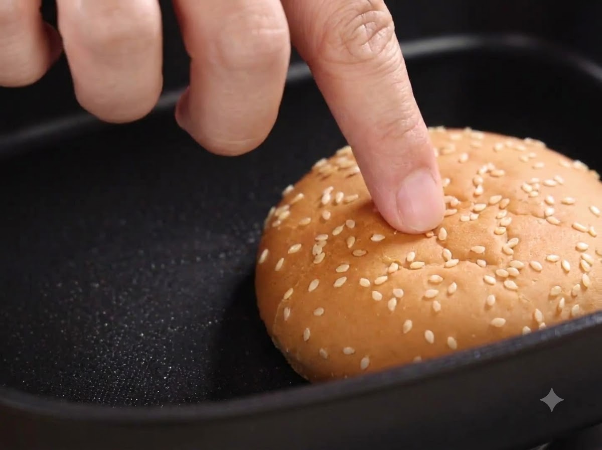 Una pieza de pollo con escamas siendo bajada hacia el aceite de cocina caliente.