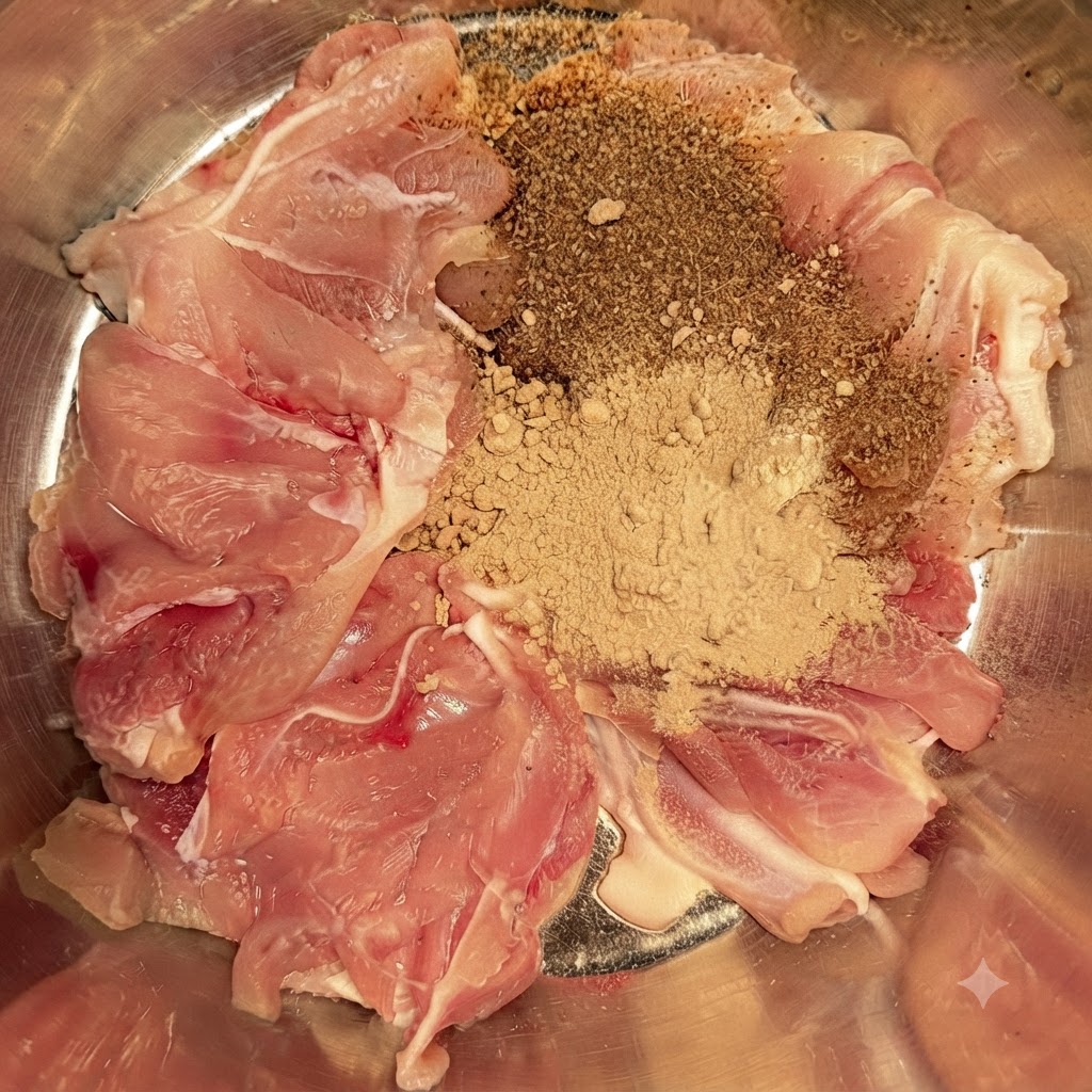 Pollo crudo en un tazón cubierto generosamente con montículos de polvo de pimienta de Sichuan, ajo en polvo y chile en polvo.