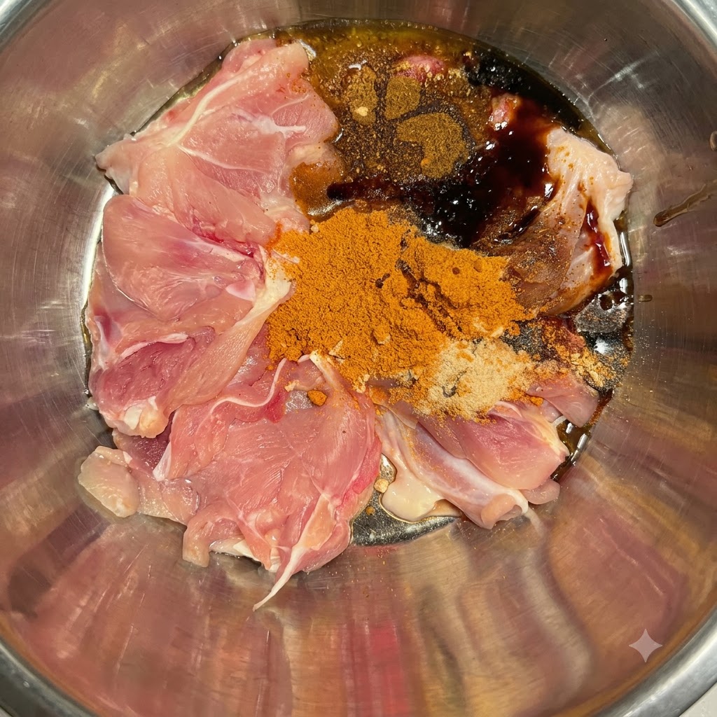 Pollo crudo y especias secas con salsa de soja, salsa de ostras y aceite de pimienta vertidos sobre ellos en un tazón de metal.