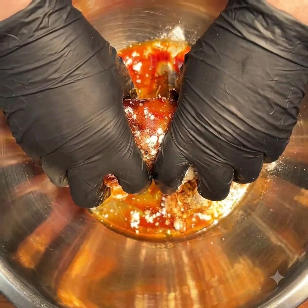 Manos con guantes masajeando a fondo los adobos oscuros y las especias en los trozos de pollo crudo dentro de un tazón de metal.