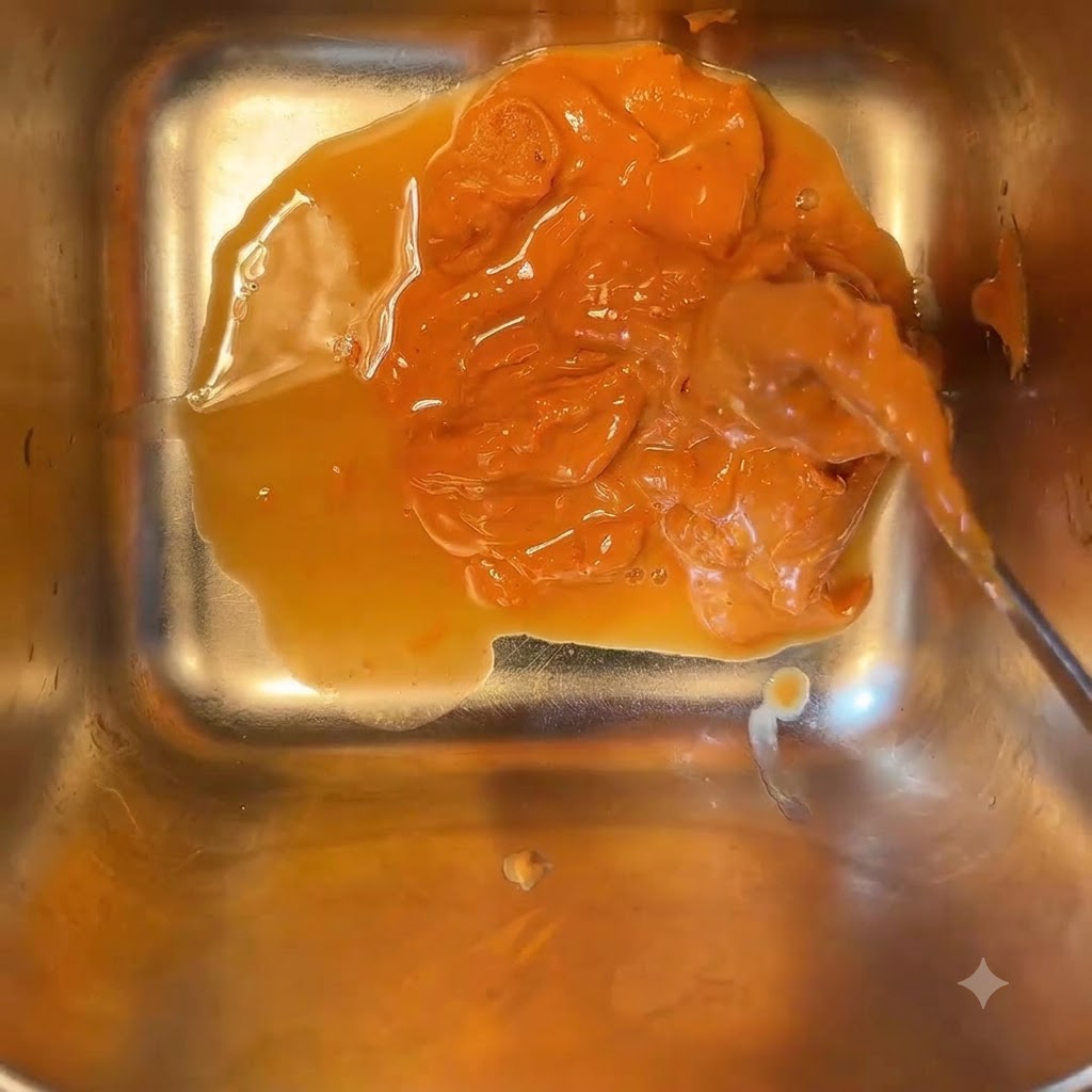 Mantequilla de maní espesa mezclada con vinagre, miel y agua en un recipiente metálico cuadrado, siendo revuelta con una cuchara.