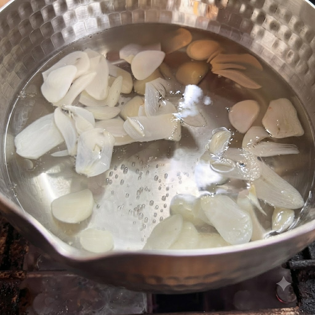 Dientes de ajo finamente cortados en rodajas hirviendo en una olla con agua caliente.
