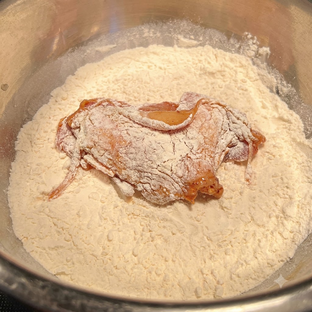 Pieza de pollo marinado reposando en un tazón con harina seca, siendo cubierta de manera uniforme.