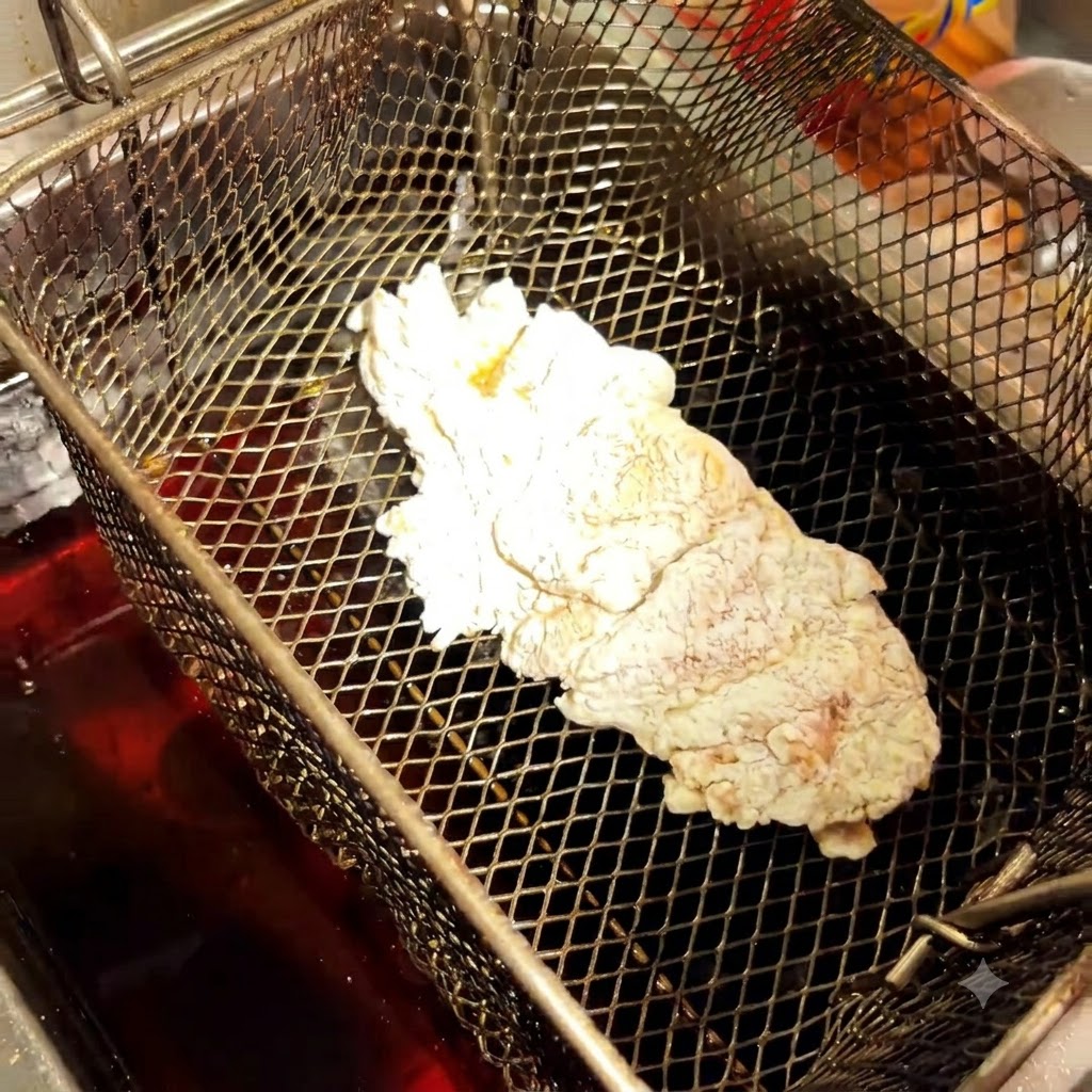 Pieza de pollo recubierta de empanizado reposando dentro de la canasta de una freidora sobre aceite caliente.