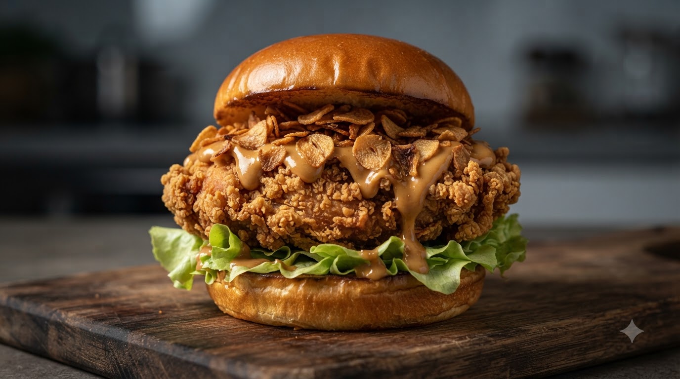 Hamburguesa de Pollo Frito Mala al Ajo con Mantequilla de Maní