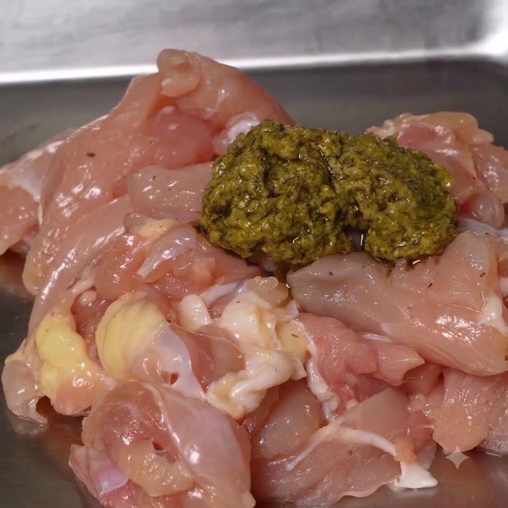 Trozos de pollo crudo cortados en una bandeja de metal cubiertos con una cucharada de salsa pesto verde.