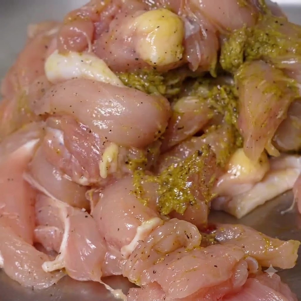 Primer plano de trozos de pollo crudo cubiertos uniformemente con marinado de pesto verde en una bandeja de metal.