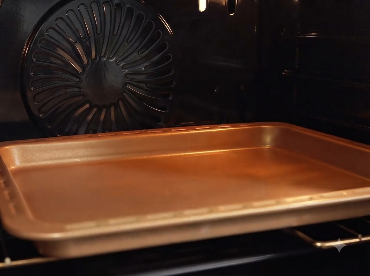 Una bandeja de horno de cobre colocada dentro de un horno caliente durante el proceso de cocción.