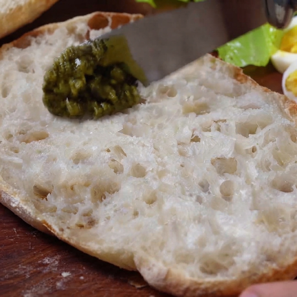 Un cuchillo untando pesto de un verde vibrante en una mitad abierta de pan chapata.