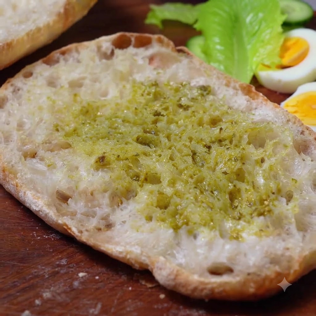 Aderezo blanco para ensaladas siendo extendido sobre la capa de pesto en el pan chapata.