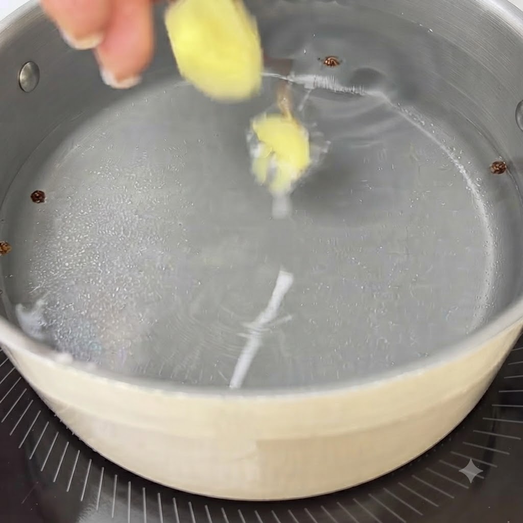 Rodajas de jengibre, cebolletas y granos de pimienta flotando en una olla con agua fría en una estufa.