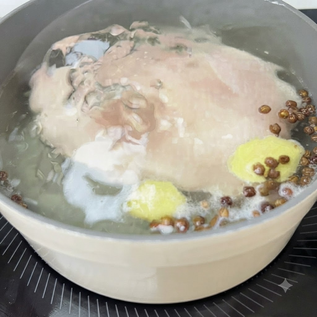 Pechuga de pollo cociéndose a fuego lento en una olla con rodajas de jengibre y pimienta de Sichuan.