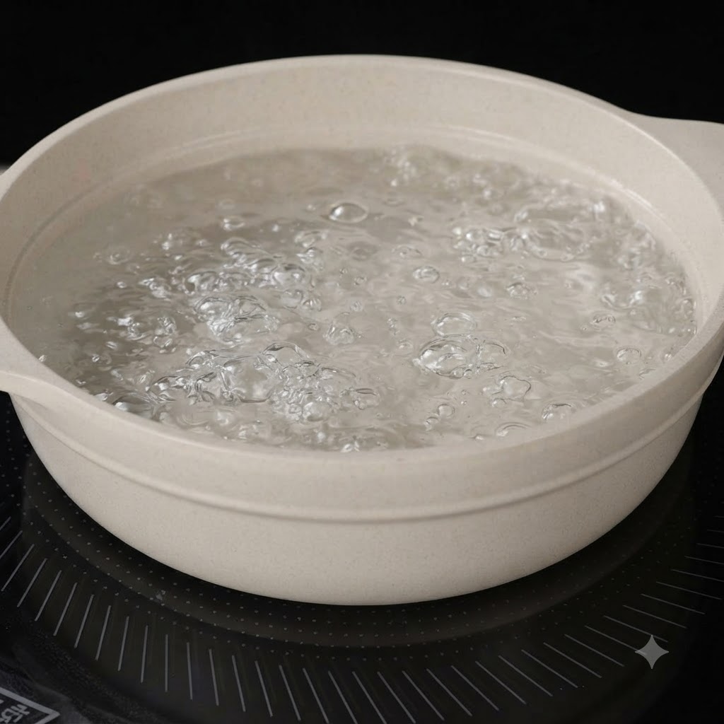 Hojas de albahaca fresca siendo escaldadas en una olla con agua hirviendo.