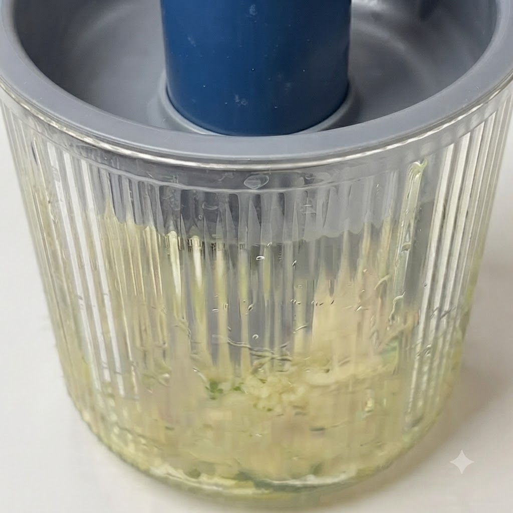 Ingredientes del pesto siendo licuados dentro de un procesador de alimentos para formar una salsa verde rústica.